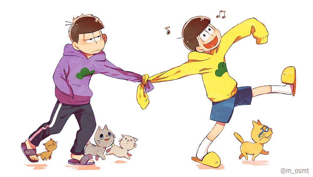 2boys, :d, animal, blue_shorts, blush, brothers, cat, closed_mouth