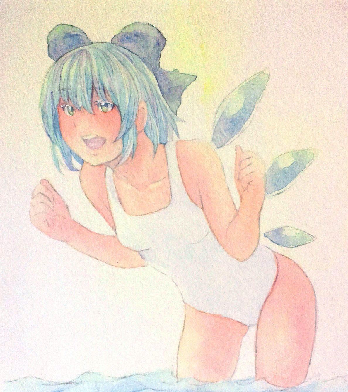 1girl, blue_eyes, blue_hair, bow, cirno, clenched_hands, collarbone, cowboy_shot