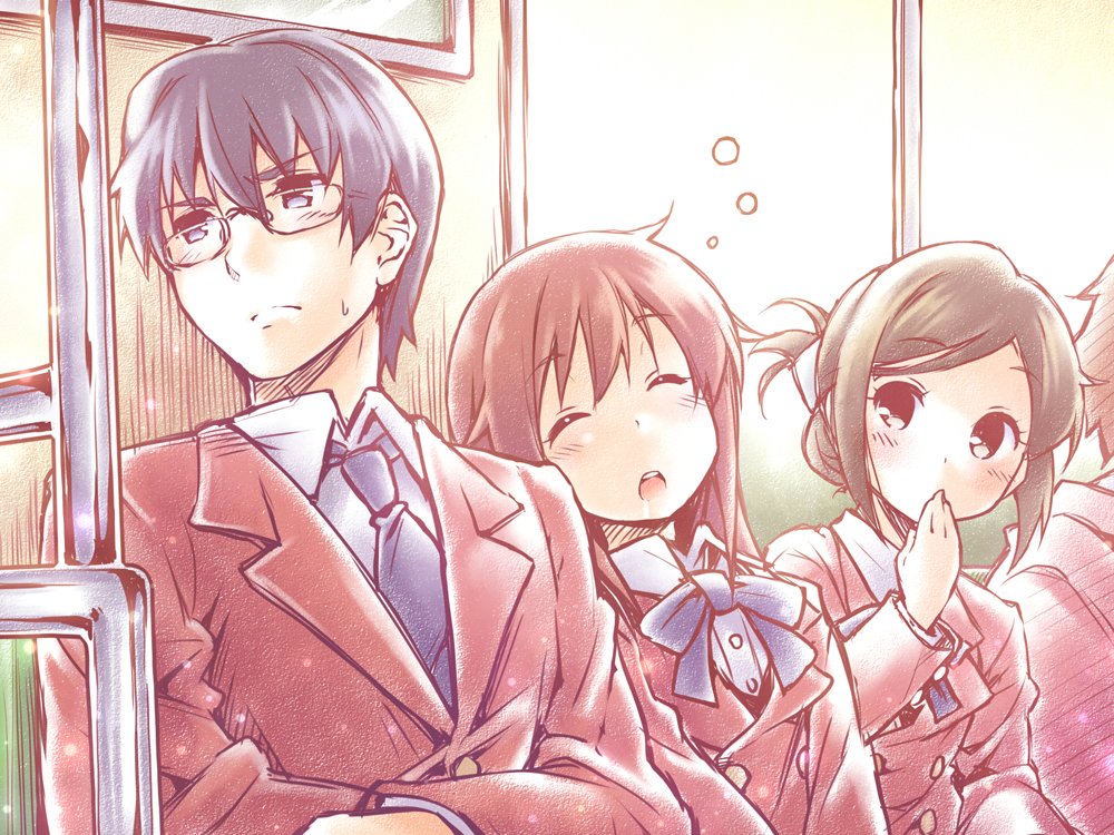 2boys, 2girls, awara_chikako, black_hair, brown_hair, ga_geijutsuka_art_design_class, glasses, homura_(ga), kibushi, leaning_on_person, long_hair, mizubuchi, multiple_boys, multiple_girls, saliva, school_uniform, sitting, sleeping, uozomi