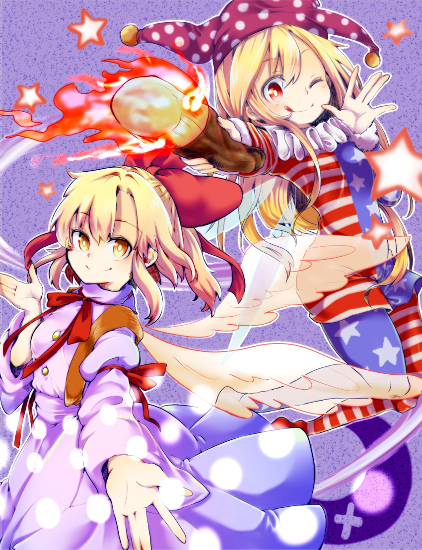 2girls, american_flag_legwear, american_flag_shirt, bangs, blonde_hair, bow, clownpiece, collar