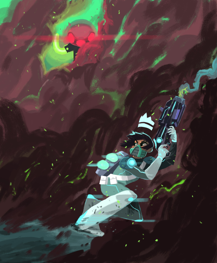 1boy, 1girl, absurdres, alan_cortes, black_eyes, boots, brown_hair, extra_eyes, gloves, gun, helmet, highres, lil_hunter, looking_back, nuclear_throne, red_eyes, respirator, rogue_(nuclear_throne), rogue_rifle, short_hair, smoke, weapon