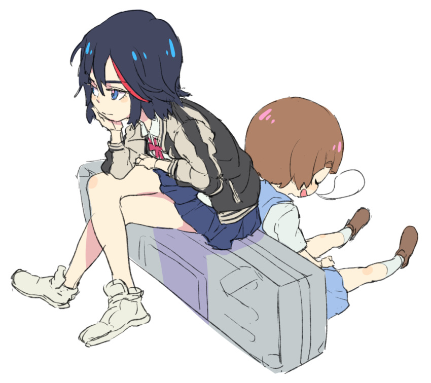 2girls, black_hair, brown_hair, chin_rest, jacket, kill_la_kill, letterman_jacket, mankanshoku_mako