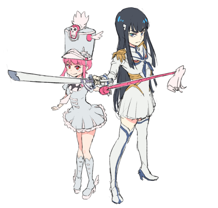2girls, baton, black_hair, blue_eyes, boots, dress, epaulettes, hat, highres, jakuzure_nonon, junketsu, kill_la_kill, kiryuuin_satsuki, long_hair, mitarashi_(ino_niban_chaya), multiple_girls, pink_eyes, shako_cap, sidelocks, sword, thigh-highs, thigh_boots, uniform, weapon
