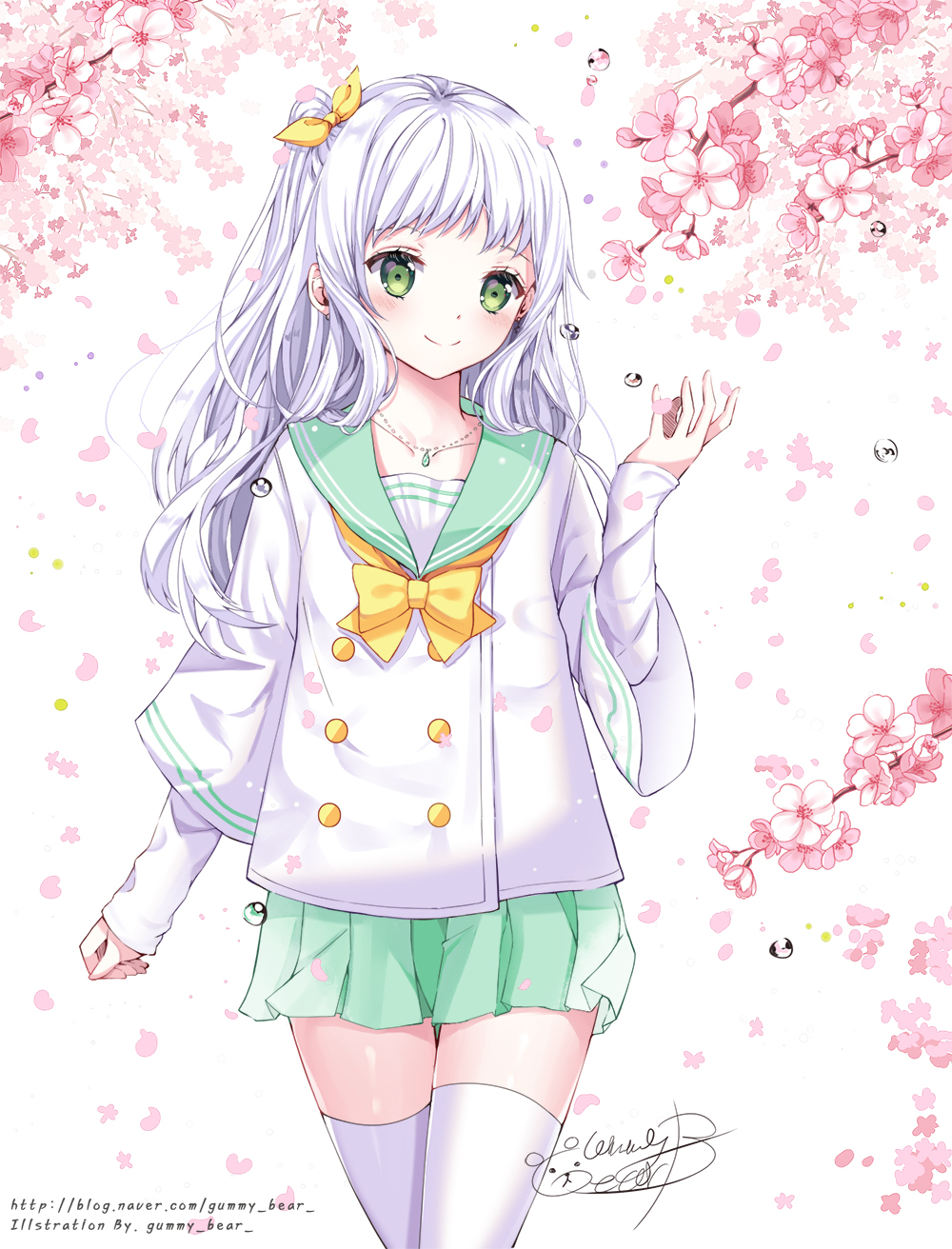 1girl, green_eyes, green_skirt, highres, jellybear, jewelry, long_hair, necklace