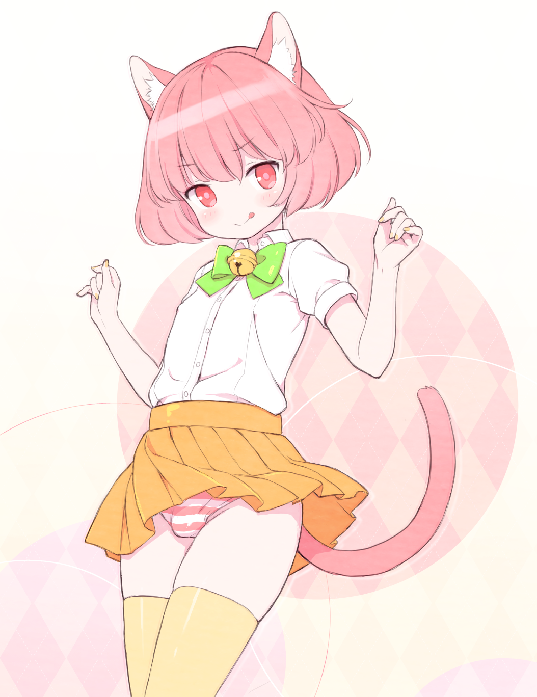 +++_(artist), 1boy, :q, animal_ears, bell, blush, bow, bulge