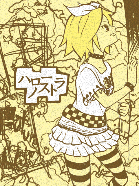 blonde_hair, collar, grin, hair_ribbon, hello_nostradamus_(vocaloid), kagamine_rin, oumi_sanaka, ribbon, short_hair, skirt, smile, striped, striped_legwear, striped_thighhighs, thigh-highs, thighhighs, vocaloid, yellow, zettai_ryouiki