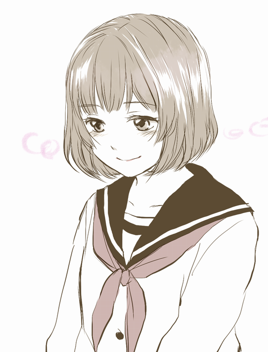 1girl, bangs, blush, bob_cut, happy, haru_(comame999), inari_konkon_koi_iroha., monochrome