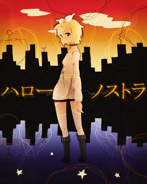 blonde_hair, blue_eyes, boots, collar, hair_ornament, hair_ribbon, hairclip, hello_nostradamus_(vocaloid)