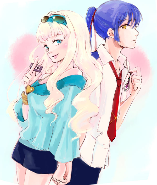 1girl, arusheri, bare_shoulders, blonde_hair, blue_eyes, blue_hair, bracelet, brown_eyes