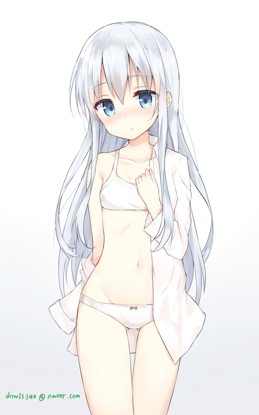 1girl, absurdres, blue_eyes, blush, bra, chicking, dress_shirt, flat_chest