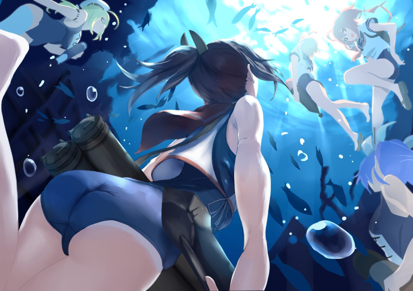 5girls, :d, ahoge, air_bubble, ammunition, animal, armlet, ass