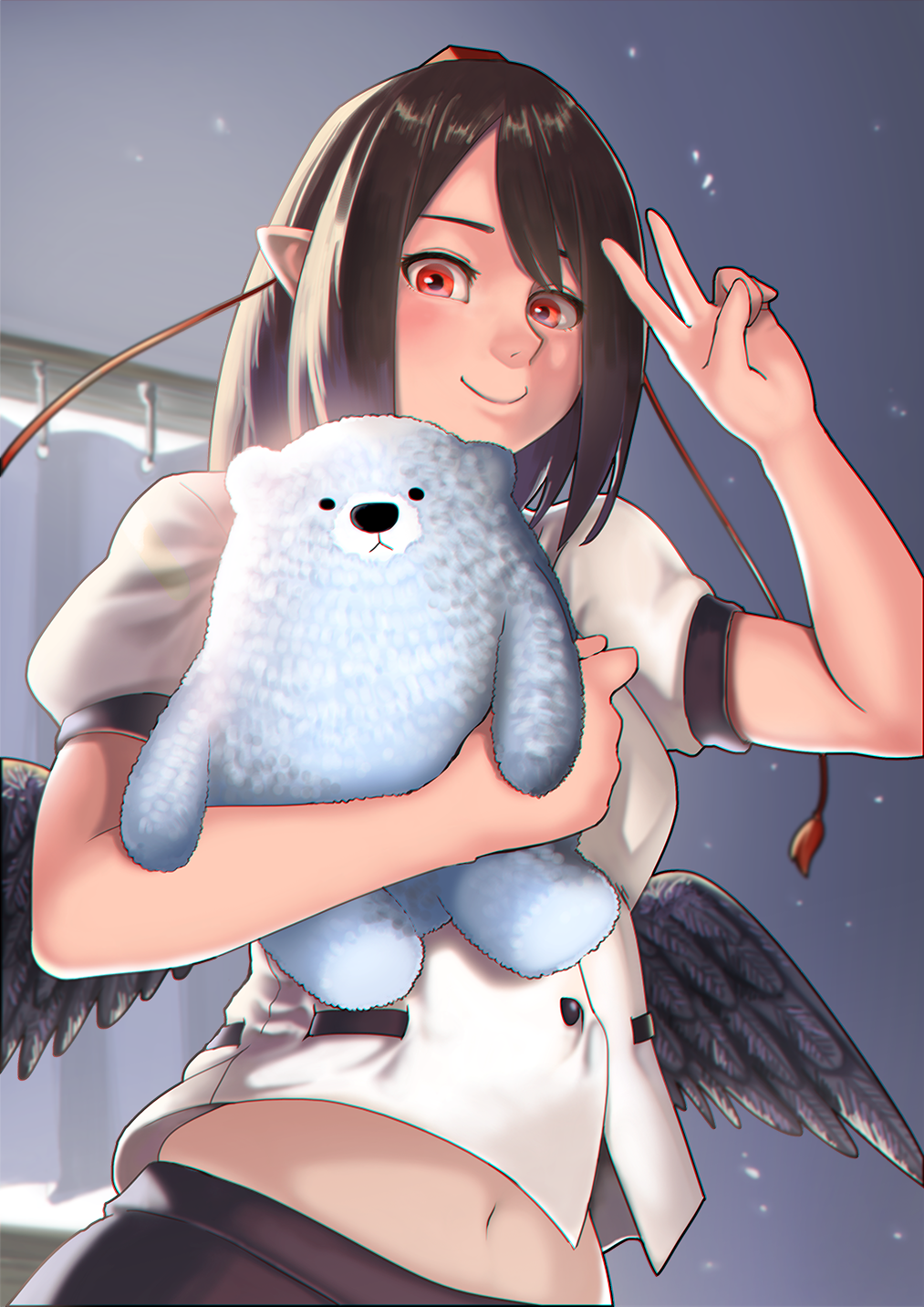 1girl, bear, black_hair, black_wings, dominico, hat, highres, looking_at_viewer