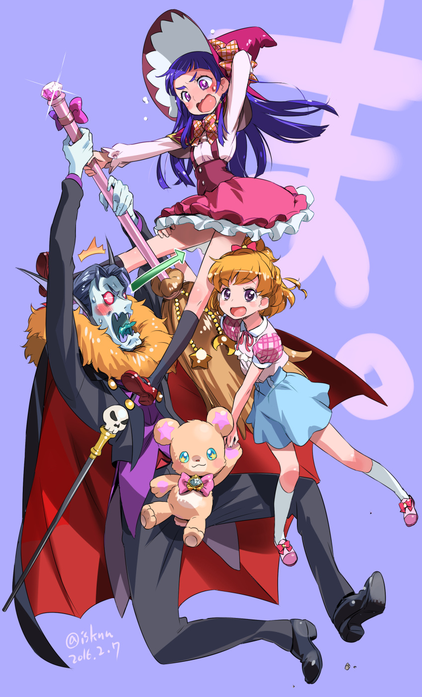 absurdres, asahina_mirai, batty_(mahou_girls_precure!), blonde_hair, blush, bow, broom, hat, highres, isedaichi_ken, izayoi_liko, long_hair, mahou_girls_precure!, mofurun_(mahou_girls_precure!), multiple_girls, open_mouth, pervert, pink_bow, pink_hat, precure, purple_hair, violet_eyes, witch_hat