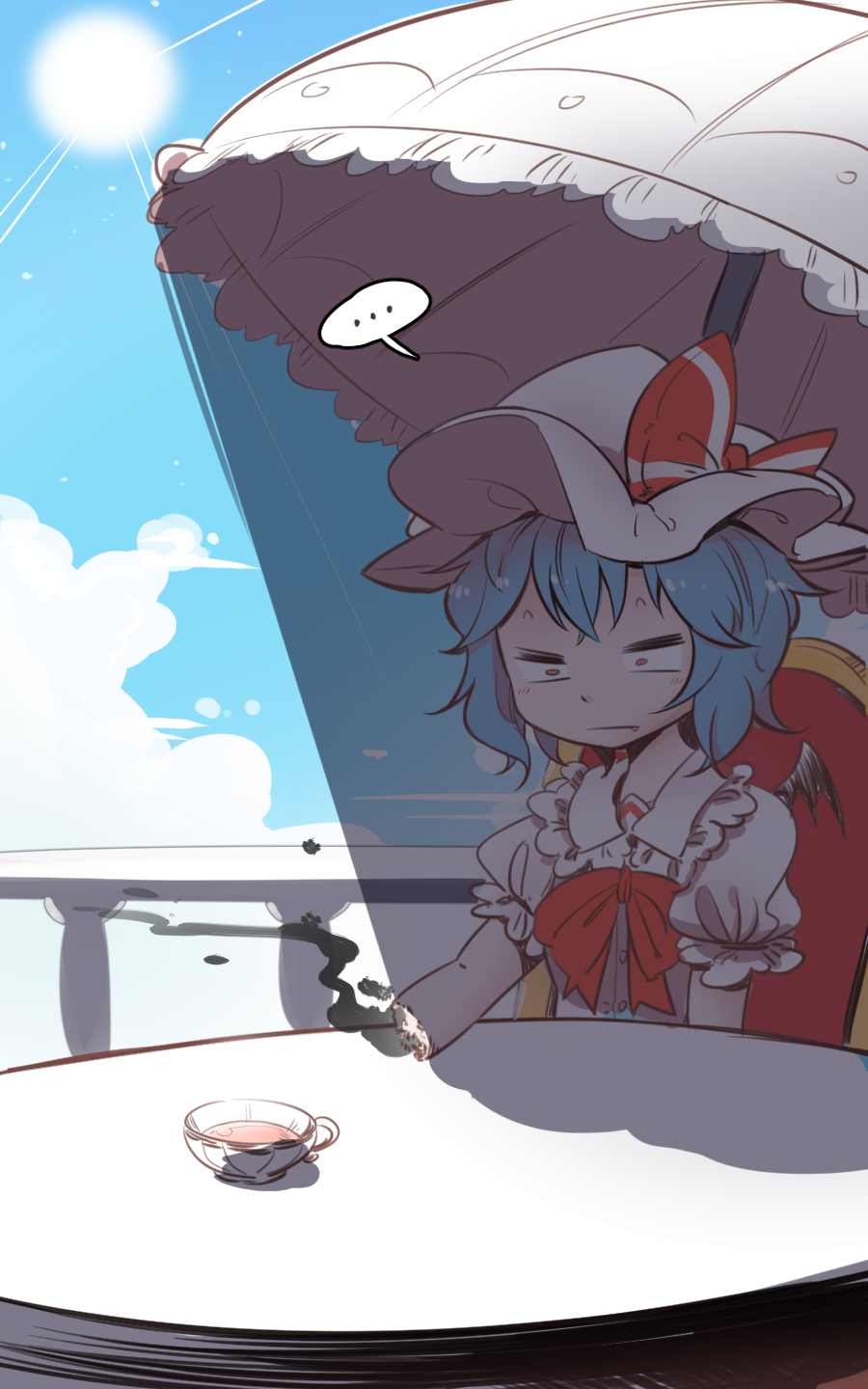 ..., 1girl, bat_wings, black_wings, blue_hair, chair, cup, disintegration