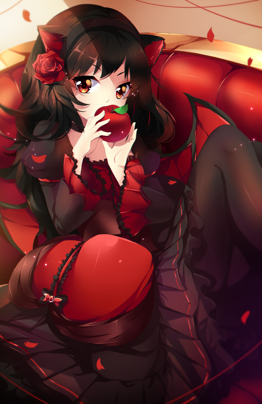 1girl, animal_ears, apple, bat_wings, beige_background, black_dress, black_hair, black_legwear