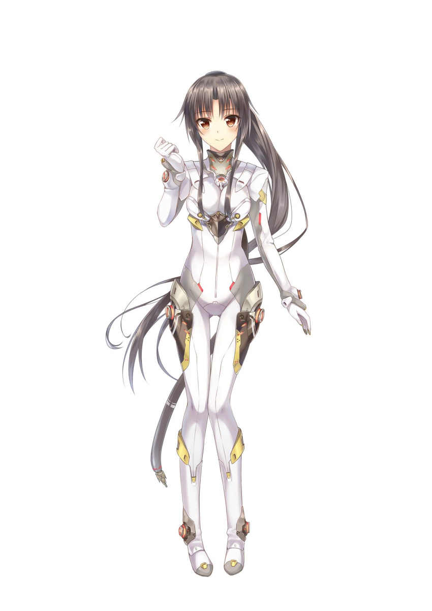 1girl, :>, ass_visible_through_thighs, black_hair, blush, bodysuit, boots, brown_eyes, cable, clenched_hand, closed_mouth, eyebrows, eyebrows_visible_through_hair, full_body, gloves, hand_up, high_ponytail, highres, long_hair, looking_at_viewer, luzi, mirai_(project_nimbus), official_art, pigeon-toed, pilot_suit, project_nimbus, sidelocks, simple_background, skin_tight, smile, solo, standing, thigh_gap, tsurime, turtleneck, very_long_hair, white_background, white_clothes