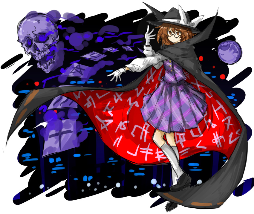 1girl, bespectacled, black_shoes, bow, brown_eyes, brown_hair, cape, card