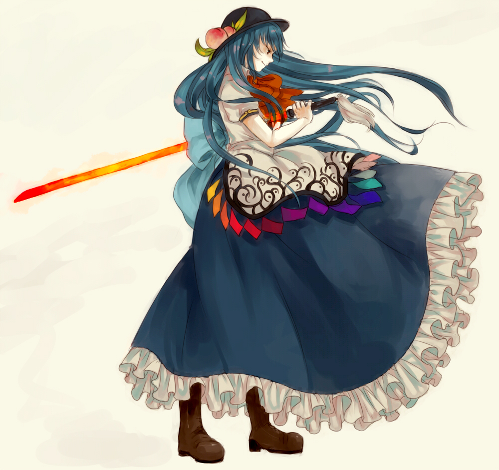 blue_hair, boots, food, frills, fruit, hat, hinanawi_tenshi, leaf