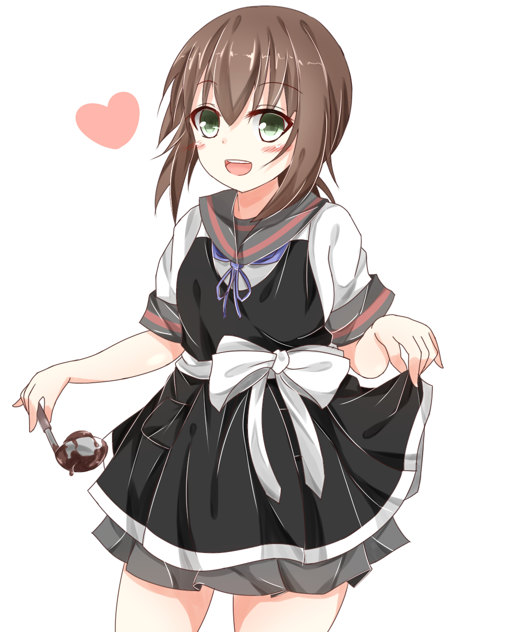 apron, black_hair, fubuki_(kantai_collection), green_eyes, highres, kantai_collection, ladle, low_ponytail