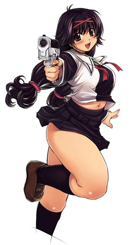 black_hair, gun, navel, nazume_mikuru, plump, skirt, twintails, weapon