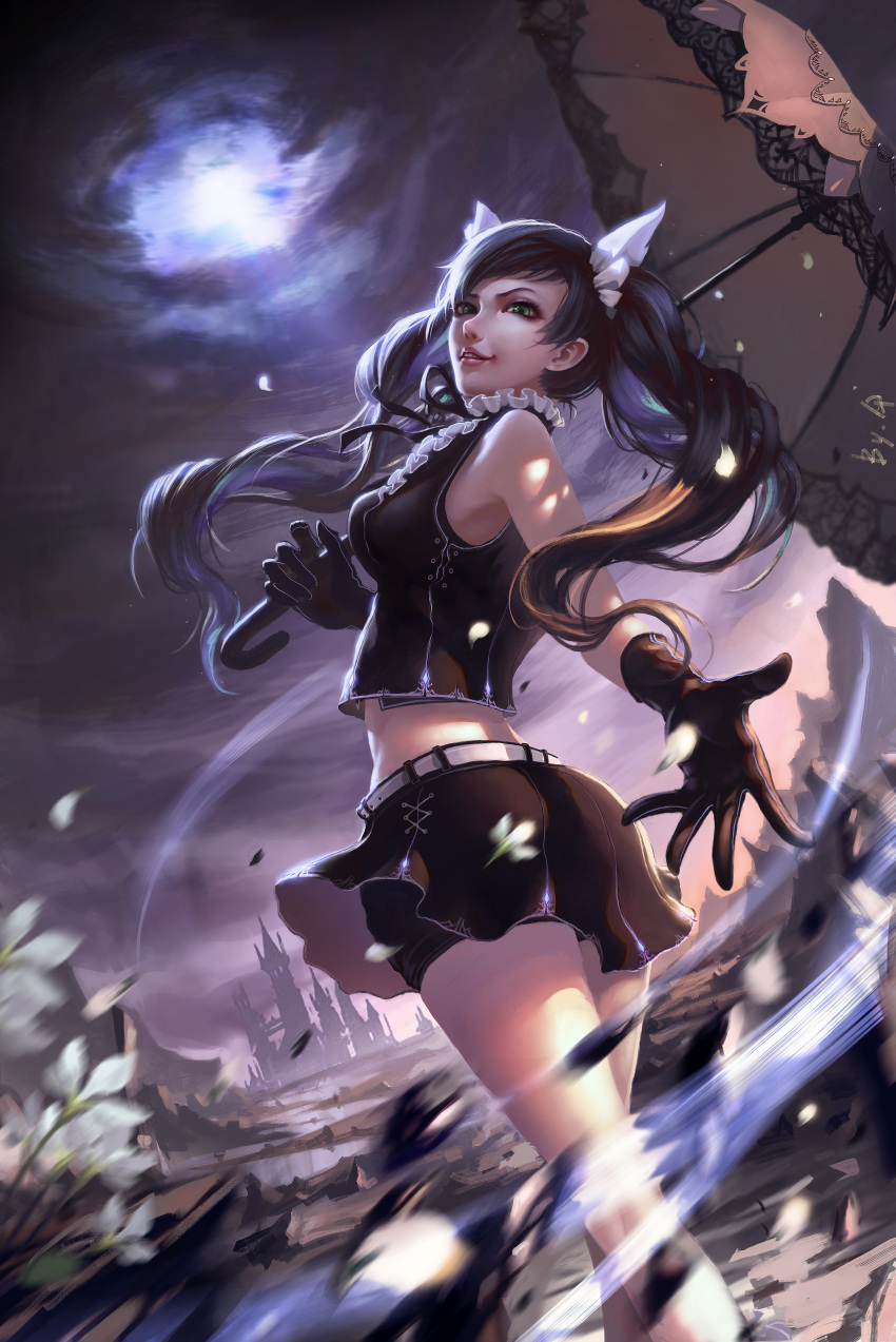 1girl, absurdres, bare_shoulders, belt, black_gloves, black_hair, black_vest, bow