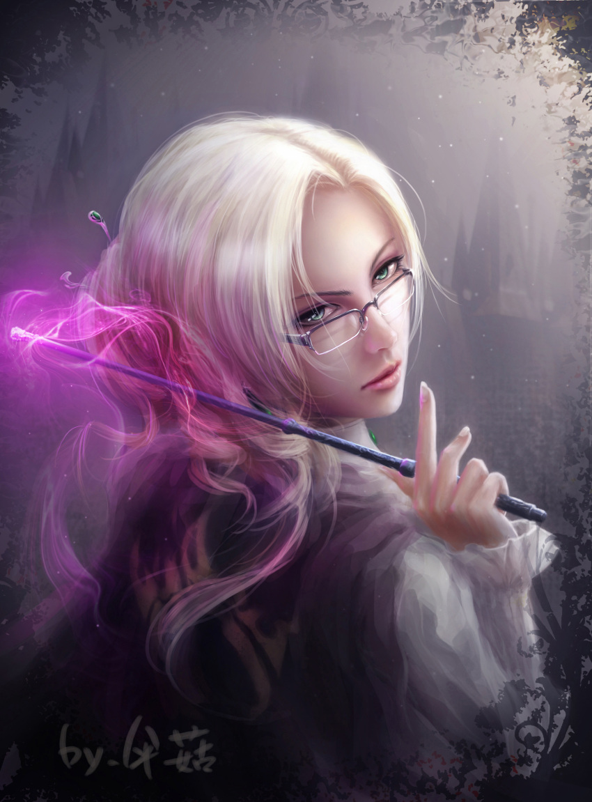 1girl, artist_name, blonde_hair, blouse, cape, earrings, energy, eyeshadow