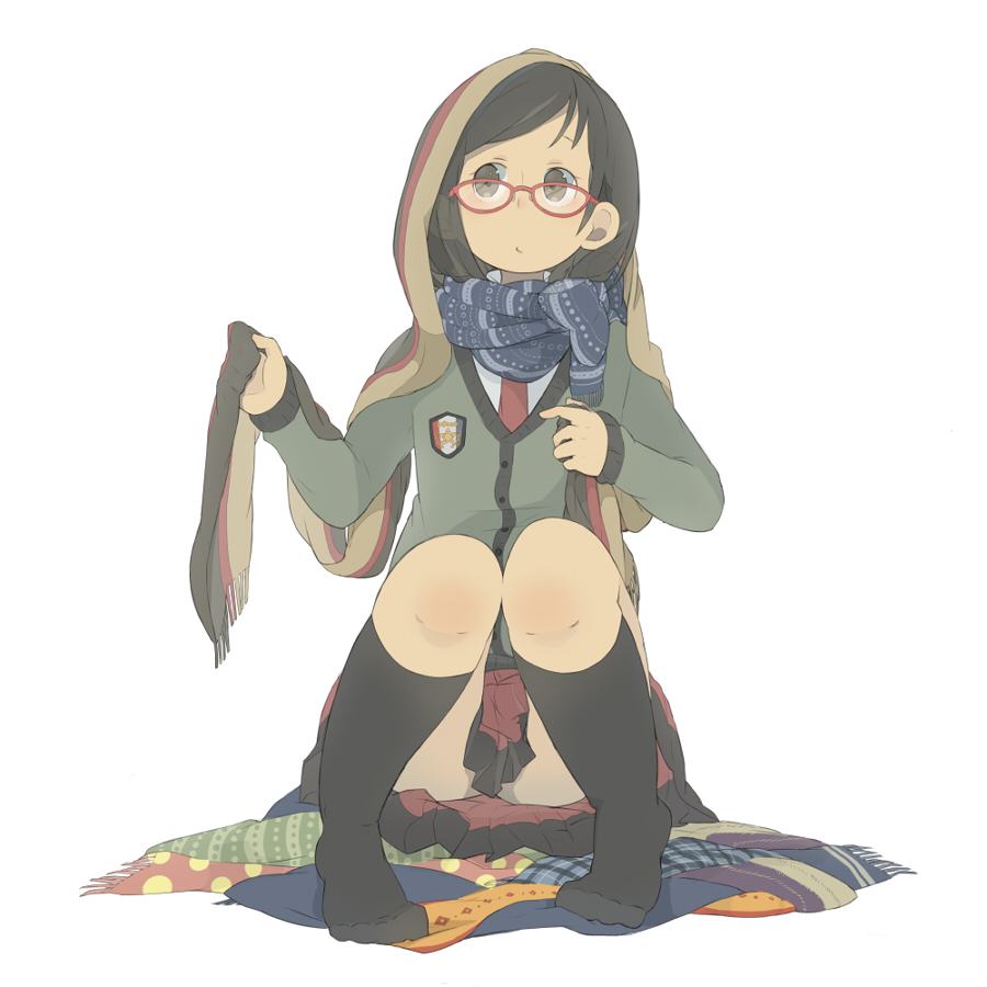 1girl, black_hair, black_legwear, blue_scarf, brown_eyes, convenient_censoring, glasses, green_scarf