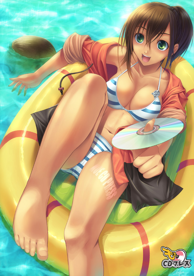 barefoot, bikini, breasts, brown_hair, cd, cleavage, feet, green_eyes