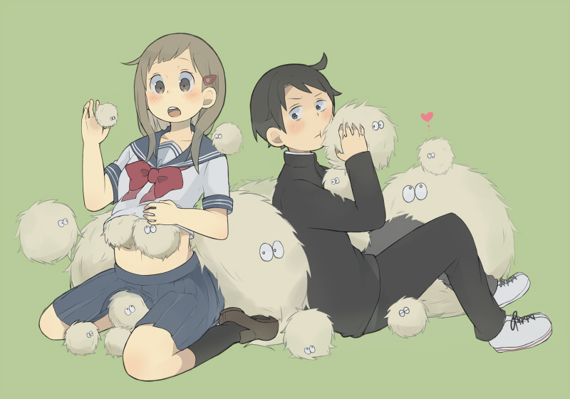 1boy, 1girl, :o, ahoge, back-to-back, black_hair, black_legwear, black_suit