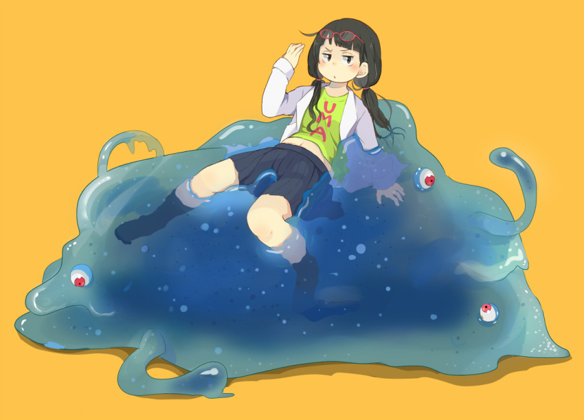 1girl, arm_support, bangs, black_hair, black_legwear, blunt_bangs, blush, brown_hair