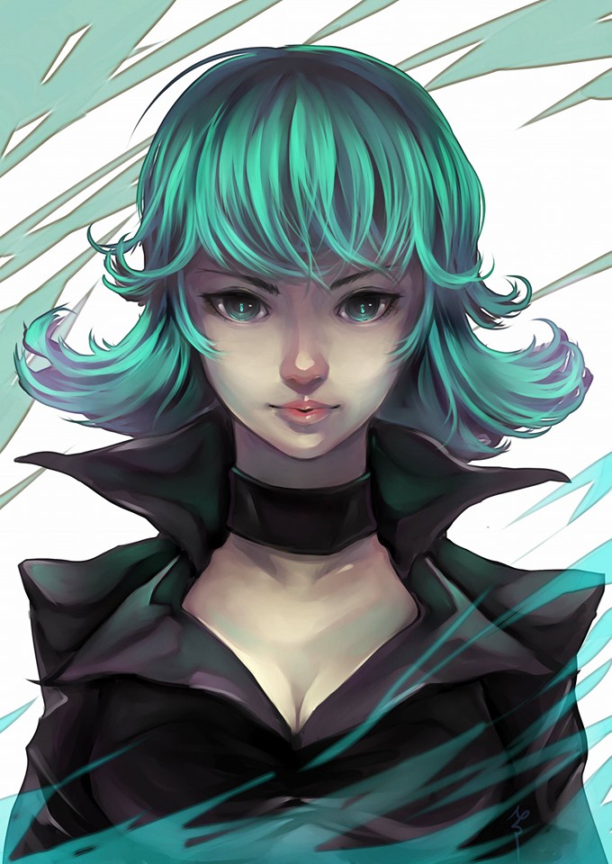 1girl, black_dress, choker, curly_hair, dress, green_eyes, green_hair, lips