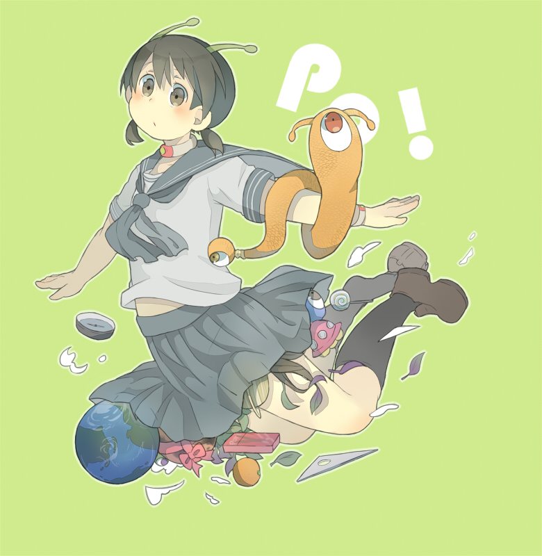 1girl, alien, antennae, bent_knees, black_legwear, blush, brown_eyes, brown_hair
