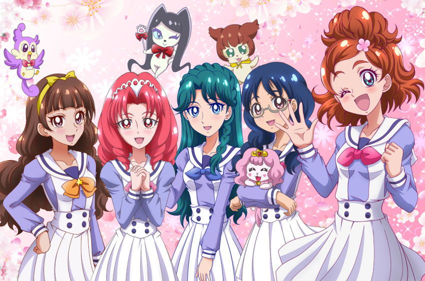 5girls, :d, ;d, akagi_towa, amanogawa_kirara, aroma_(go!_princess_precure), bird, black_hair