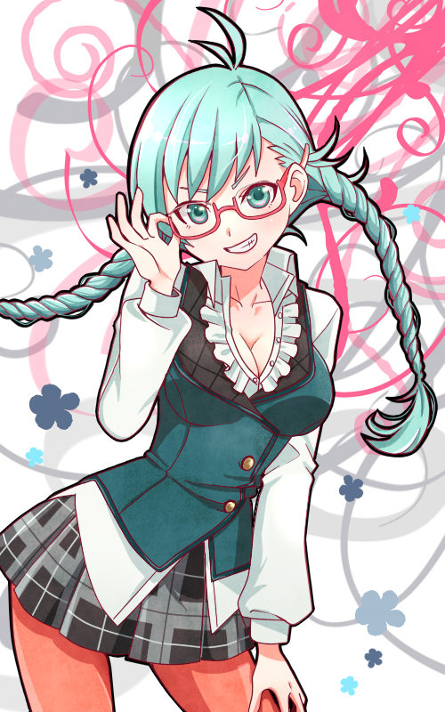 1girl, adjusting_glasses, braid, breasts, bubuki_buranki, cleavage, contrapposto, cowboy_shot