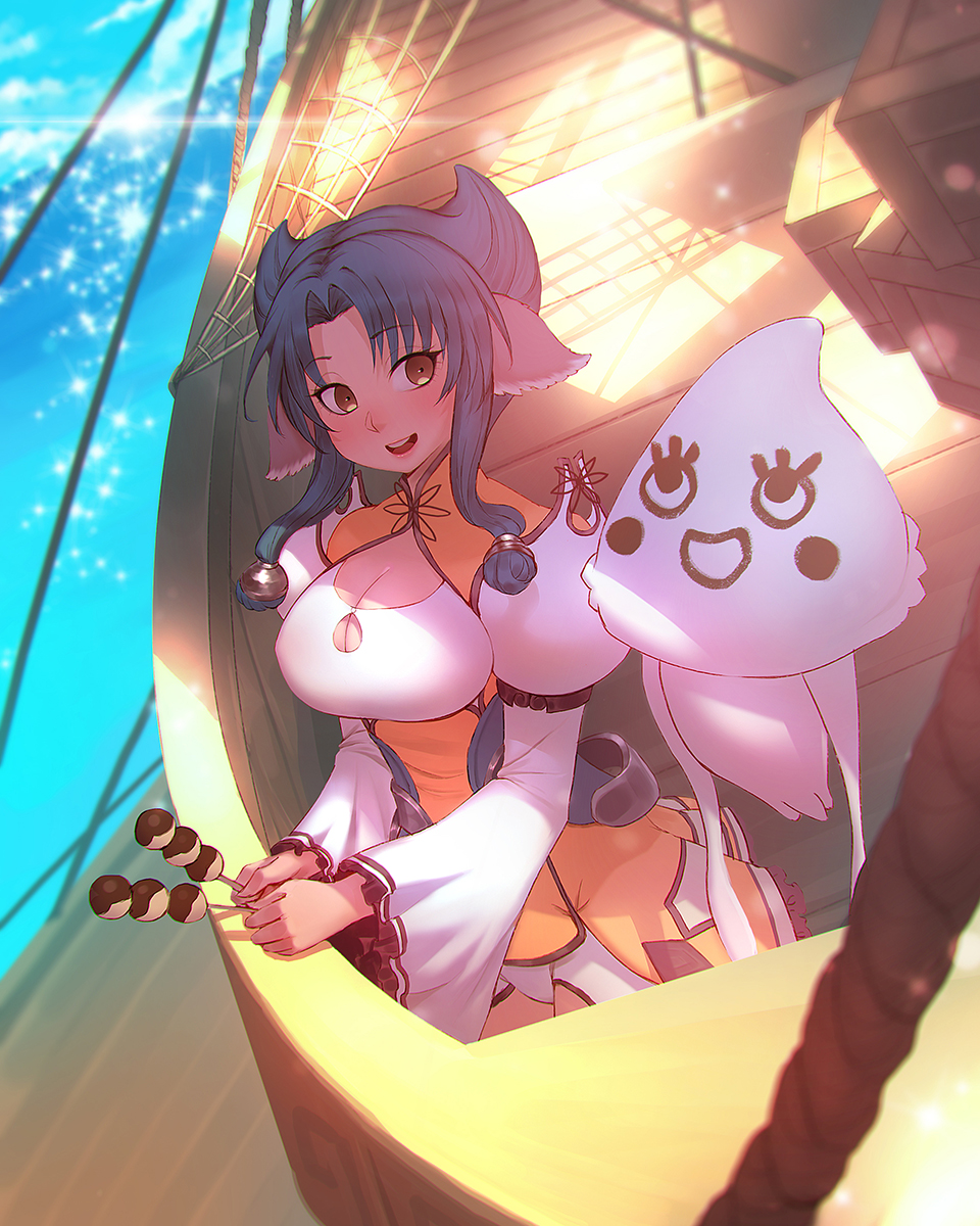 1girl, animal_ears, atui_(utawareru_mono), blue_hair, breasts, brown_eyes, cleavage, cleavage_cutout