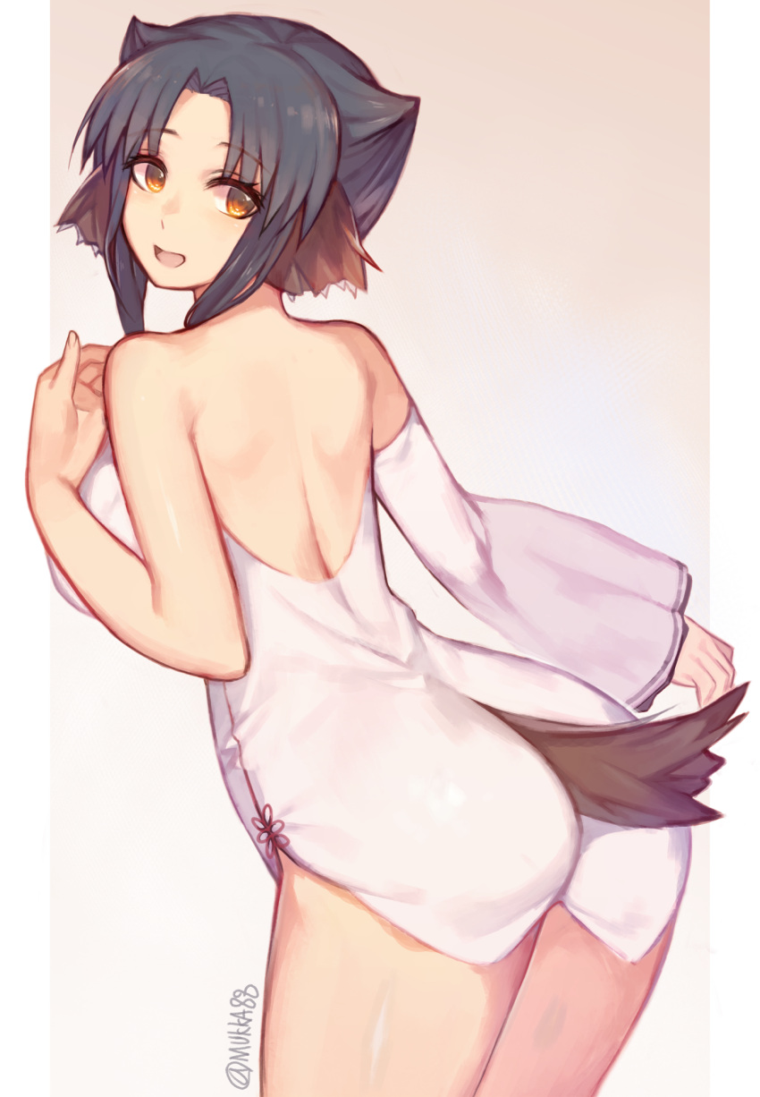 1girl, animal_ears, atui_(utawareru_mono), bare_shoulders, blue_hair, brown_eyes, detached_sleeves, from_behind