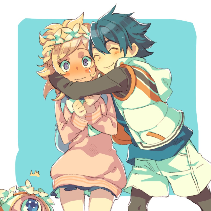 1boy, 1girl, aisutabetao, asabuki_kogane, blonde_hair, blue_eyes, blue_hair, blush