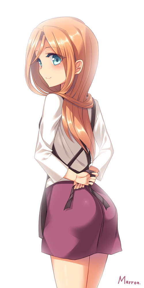 1girl, apron, arms_behind_back, ass, blue_eyes, cardfight!!_vanguard, cardfight!!_vanguard_g, long_hair, looking_at_viewer, looking_back, maron_(1212ama), orange_hair, shindou_mikuru_(cardfight!!_vanguard_g), simple_background, skirt, smile, solo, white_background