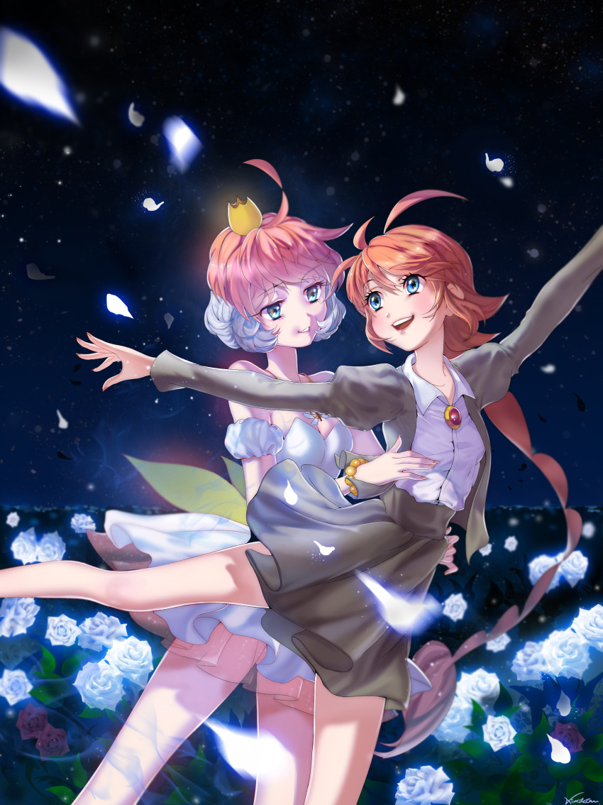 2girls, absurdres, ahiru, ahoge, arms_around_waist, ballerina, bare_shoulders, blue_eyes