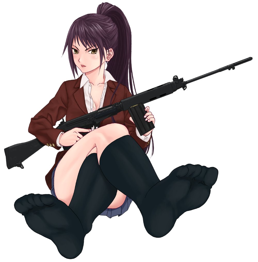 1girl, alternate_costume, alternate_hairstyle, artist_request, battle_rifle, black_legwear, bullet, buttons