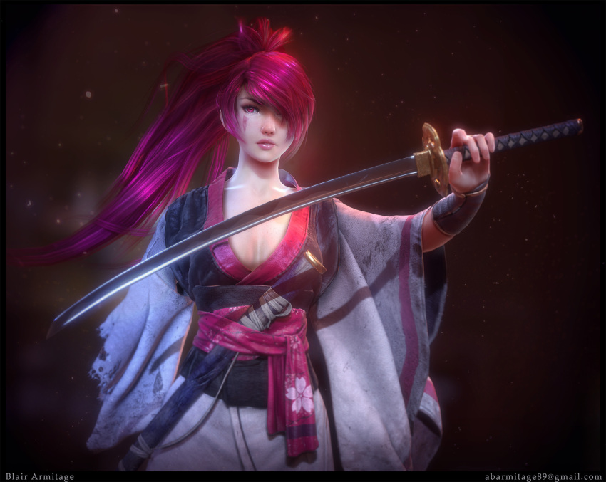 1girl, 3d, artist_name, baiken, blair_armitage, email_address, guilty_gear, hair_over_one_eye