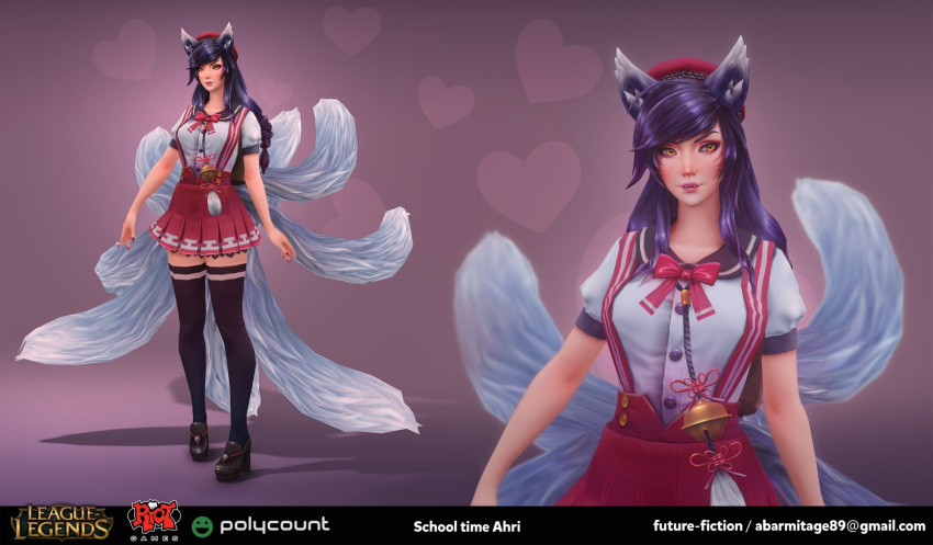 1girl, 3d, adapted_uniform, ahri, animal_ears, bell, blair_armitage, email_address