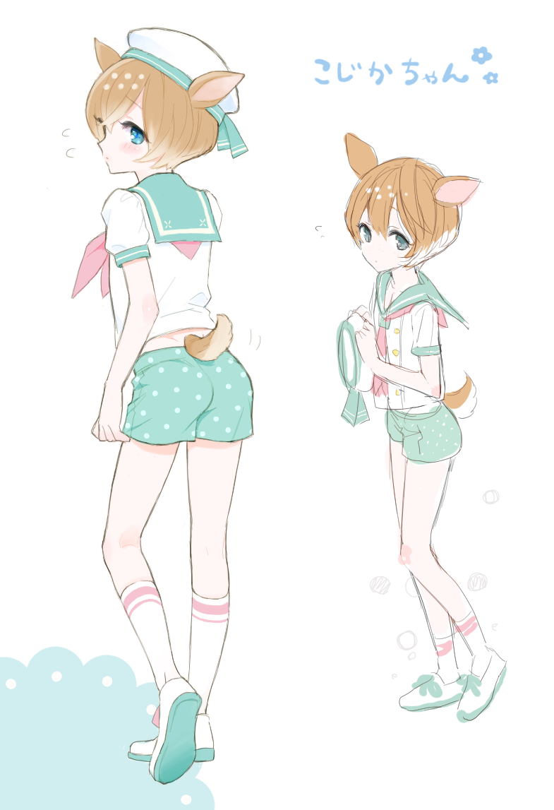 +++_(artist), ass, blue_eyes, blush, brown_hair, deer_ears, deer_tail, flying_sweatdrops