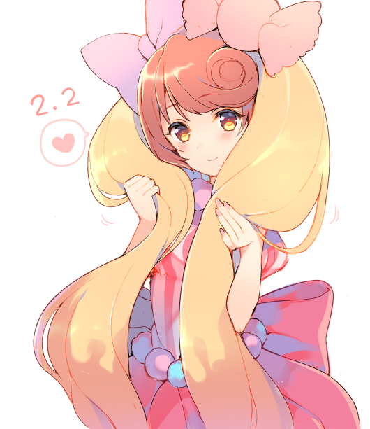 1girl, bow, candy_lapin_(show_by_rock!!), dated, dress, hair_bow, heart, long_hair, mayachi_(amuriya), multicolored_hair, show_by_rock!!, smile, spoken_heart, twintails, twintails_day, yellow_eyes