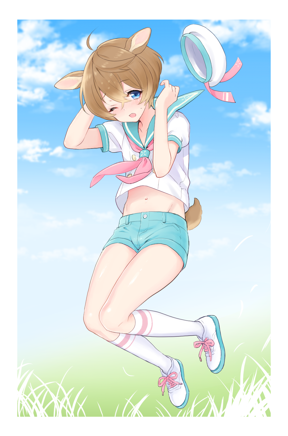 +++_(artist), 1boy, ahoge, animal_ears, blue_eyes, blush, brown_hair, hat