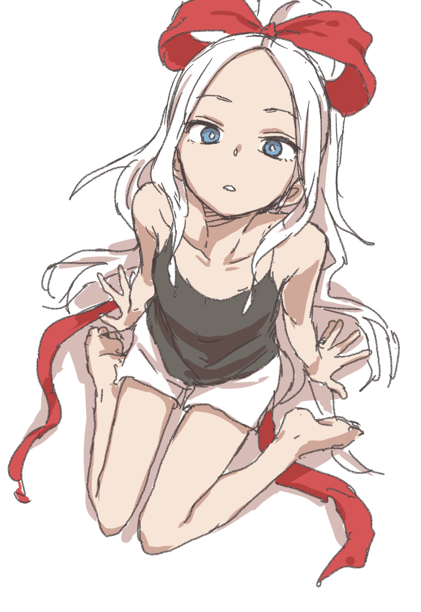 1girl, blue_eyes, fudatsuki_kyouko, fudatsuki_no_kyouko-chan, highres, long_hair, looking_at_viewer, parted_lips, ponytail, shorts, simple_background, sitting, solo, very_long_hair, wariza, white_background, white_hair, yamamoto_souichirou