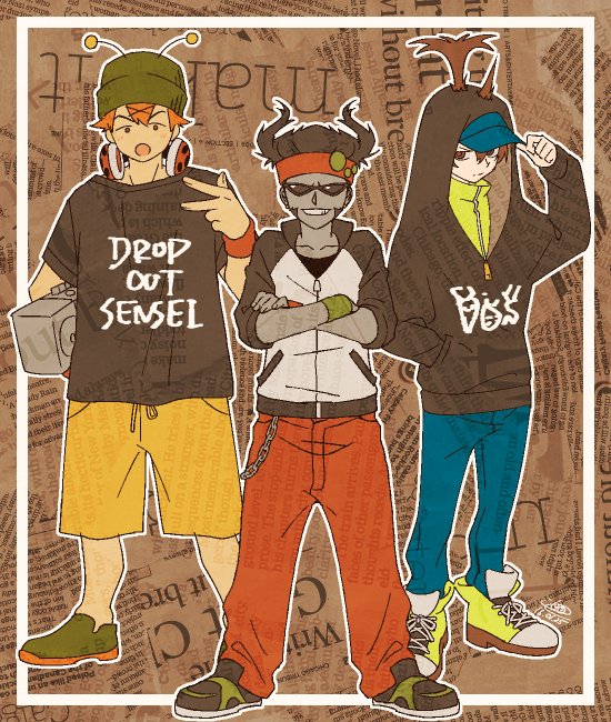 3boys, baseball_cap, beanie, boombox, brown_eyes, brown_hair, casual, chahora_(siki_dos)