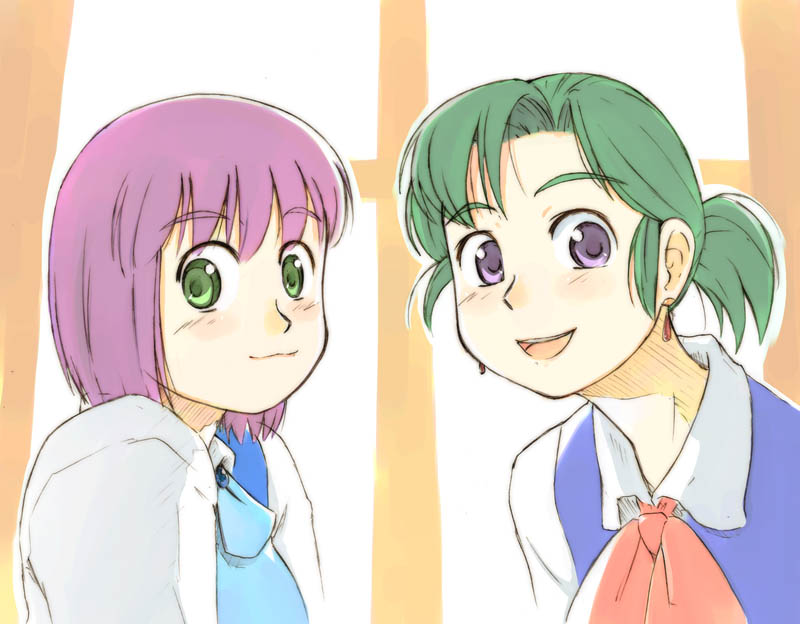 green_eyes, green_hair, hatsuseno_alpha, multiple_girls, mutou_youshun, ponytail, purple_eyes, purple_hair