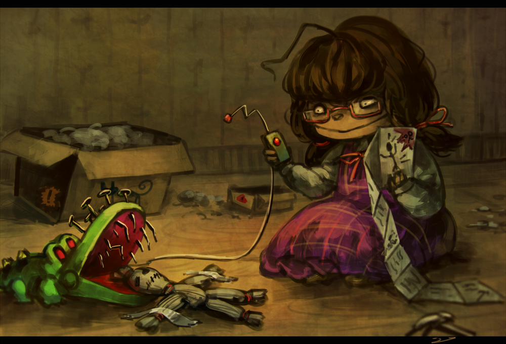 1girl, ahoge, box, brown_hair, cardboard_box, controller, crocodile_dentist, dress