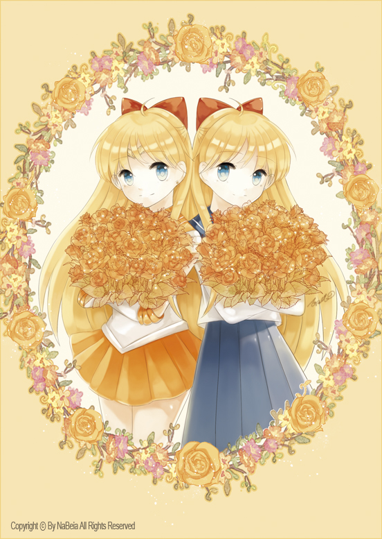 aino_minako, artist_name, bishoujo_senshi_sailor_moon, blonde_hair, blue_eyes, blue_skirt, bow, dual_persona